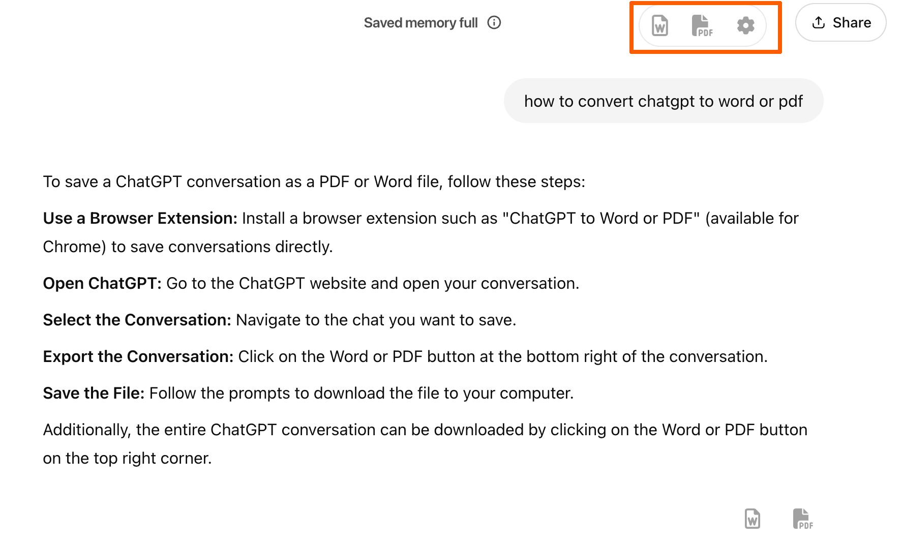 Screenshot showing the top right export buttons for the full conversation
