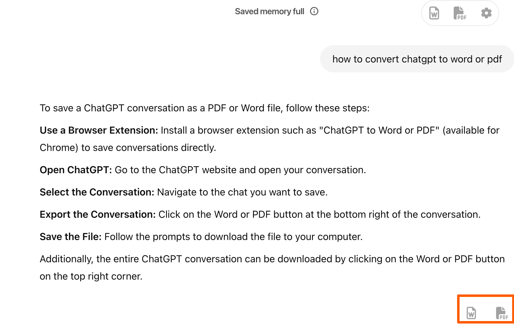 Screenshot showing export buttons at the bottom right corner of a ChatGPT response